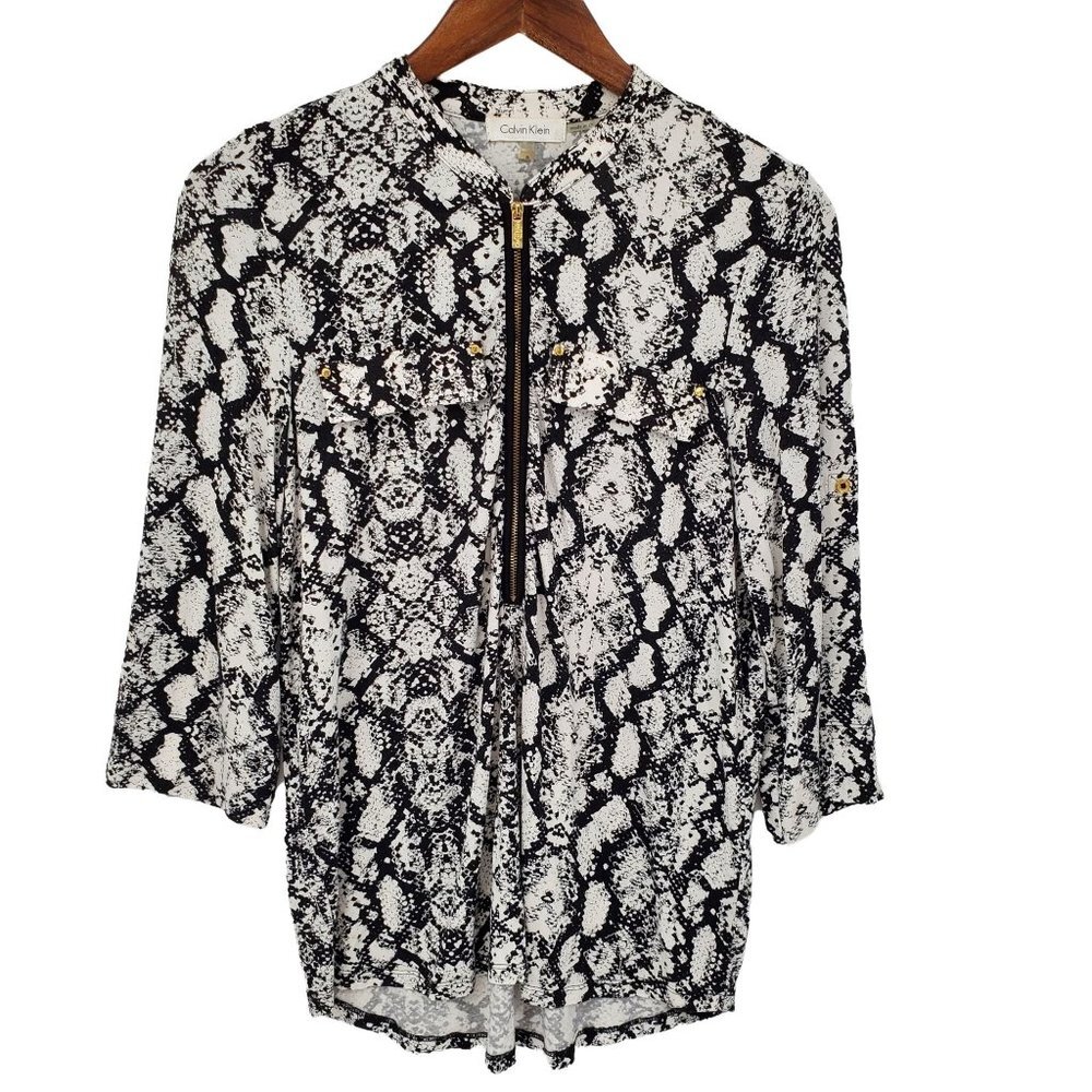 Calvin Klein Womens Snakeskin Zip Front Roll Tab Sleeve Blouse Sz‎ S Black White